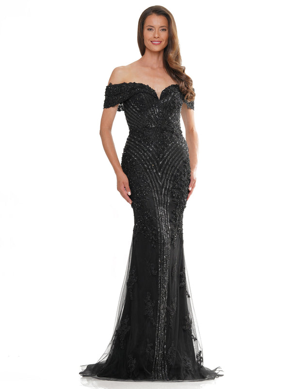 Marsoni MV1275 Off Shoulder Metallic Embroidered Tulle Formal Dress