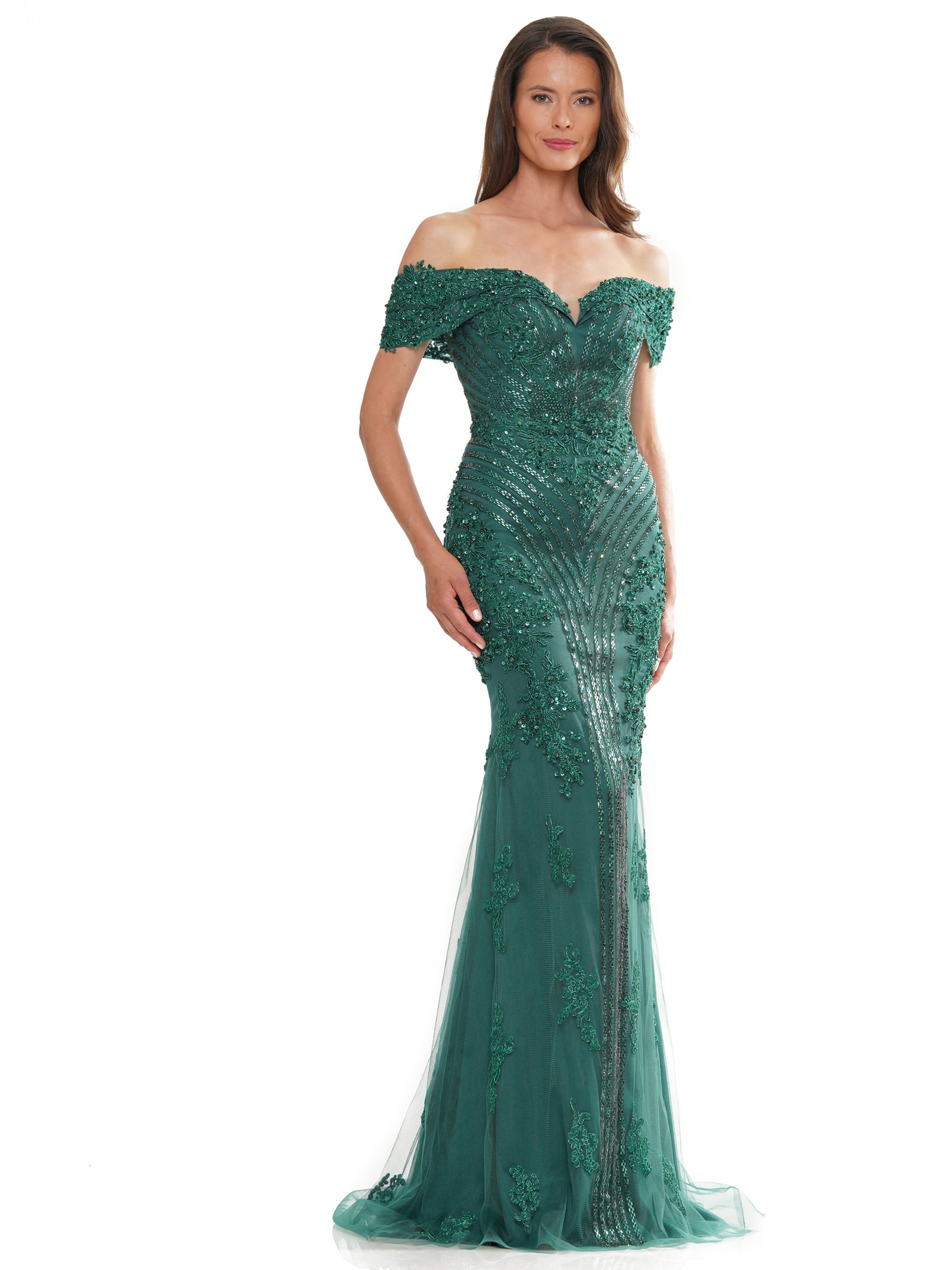 Mother of the Bride Dresses Mother of the Bride Off Shoulder Metallic Embroidered Tulle Dress Emerald