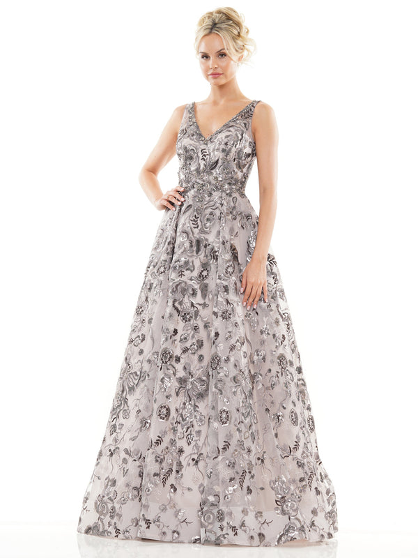 Marsoni MV1276 Long Sleeveless V Neck Embroidered Tulle Formal Prom Dress
