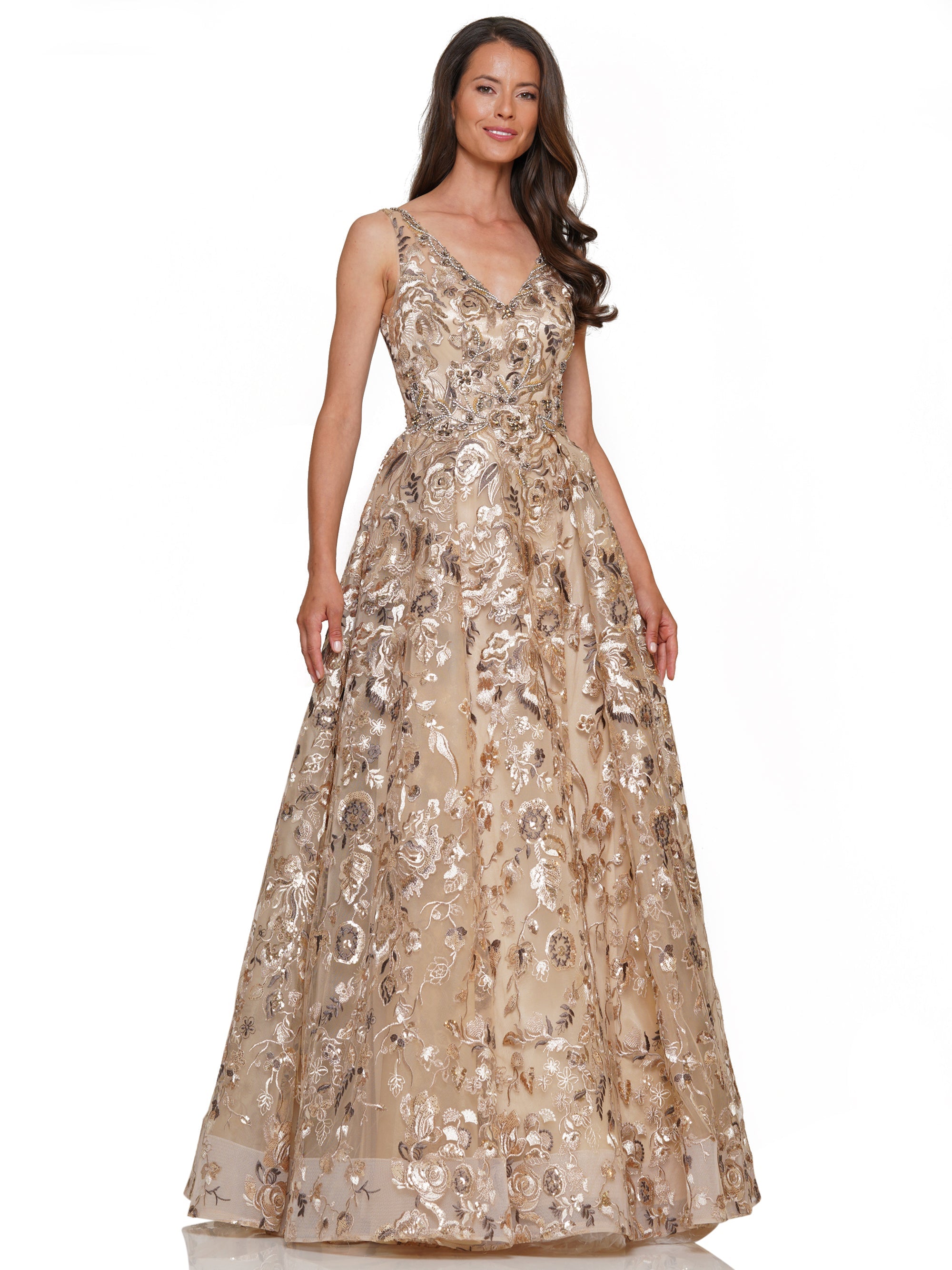 Prom Dresses Long Sleveless V Neck Embroidered Tulle Formal Prom Dress Gold
