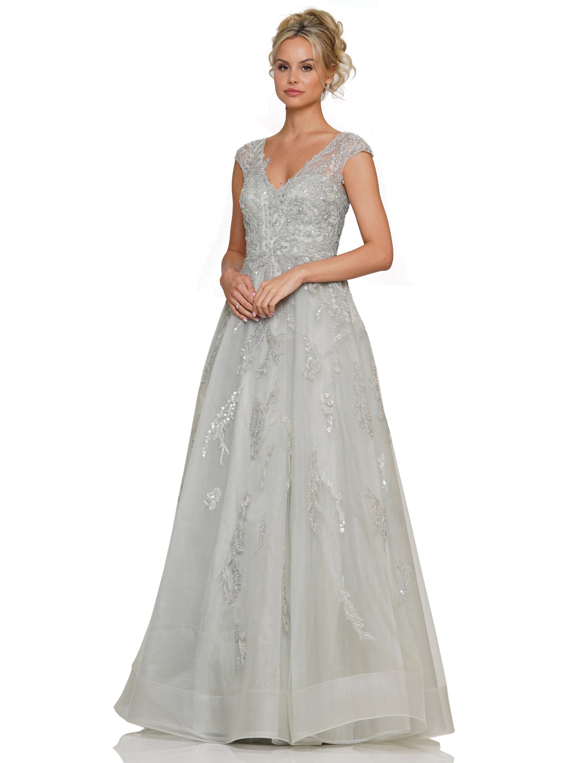 Formal Dresses Cap Sleeve A Line Embroidered Tulle Formal Dress Seaglass