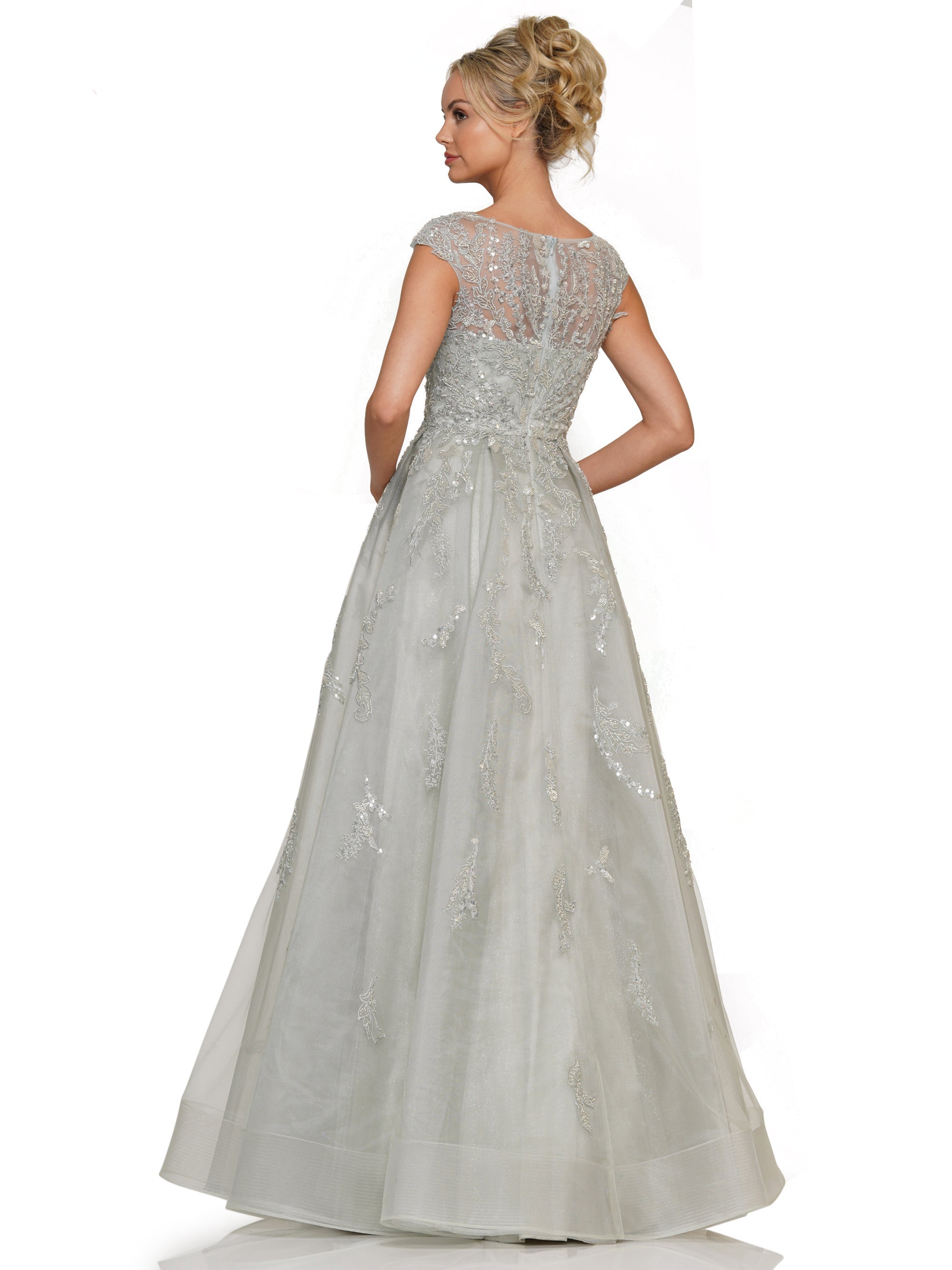 Formal Dresses Cap Sleeve A Line Embroidered Tulle Formal Dress Seaglass