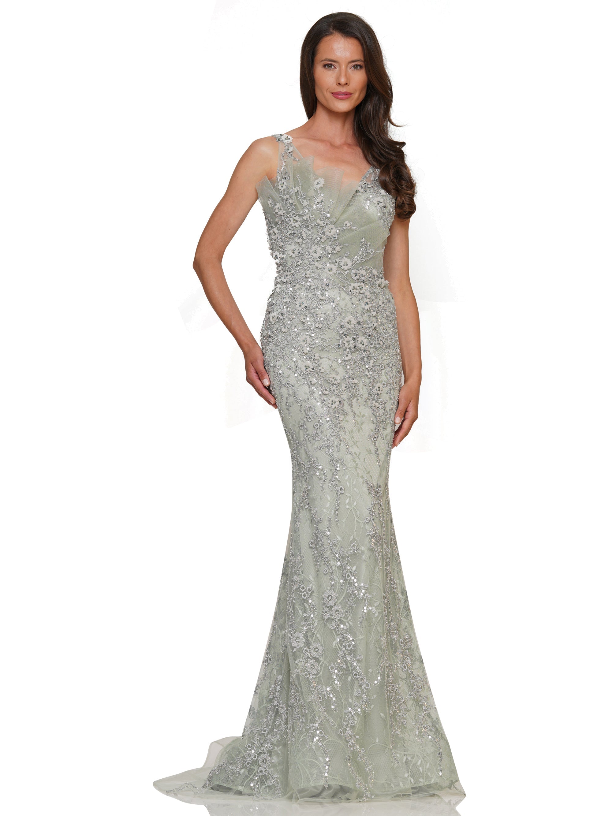 Formal Dresses Formal Embroidered Beaded Tulle Sleeveless Dress Seaglass