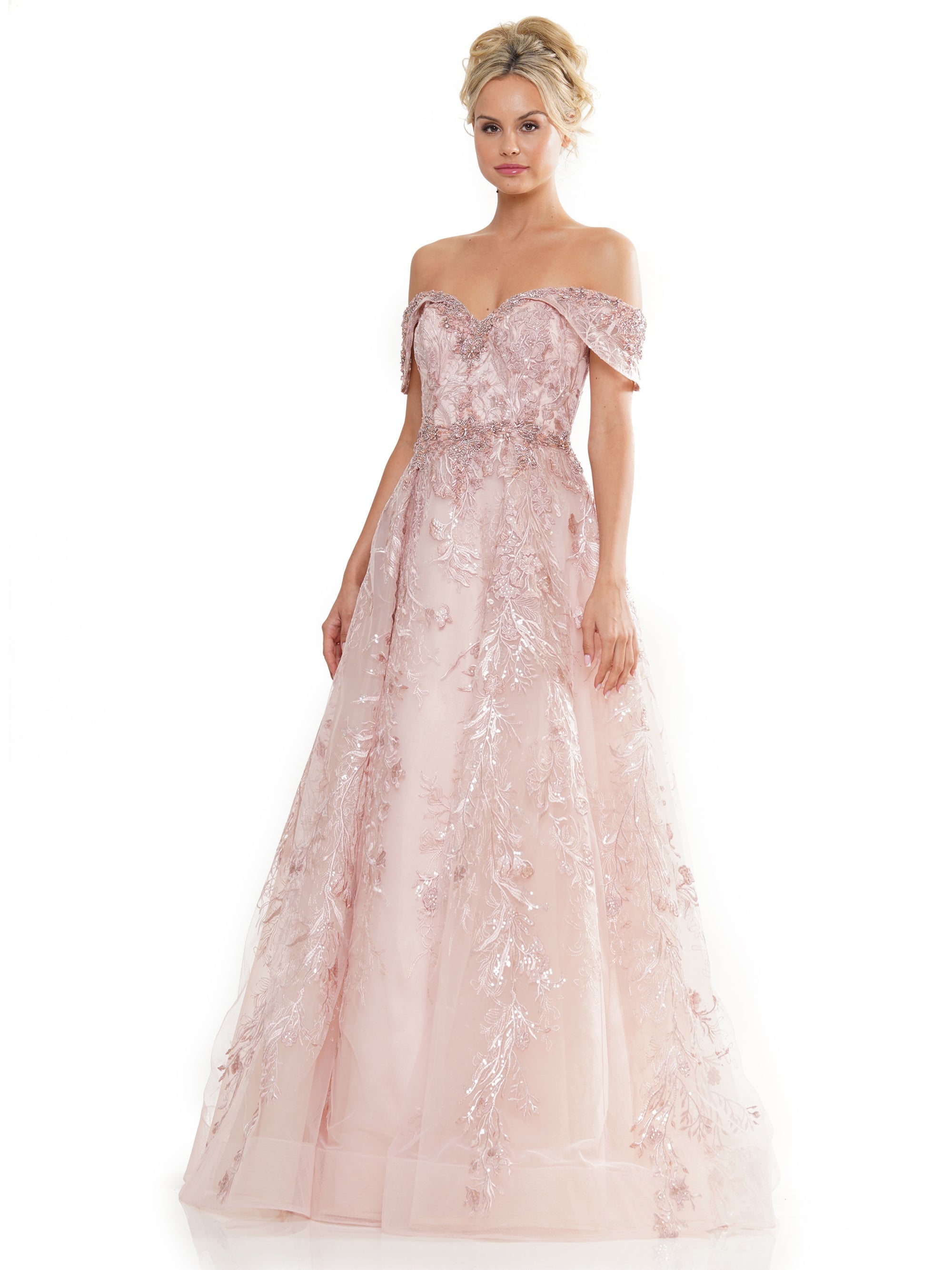Formal Dresses Formal Off Shoulder Embroidered Tulle Dress Blush
