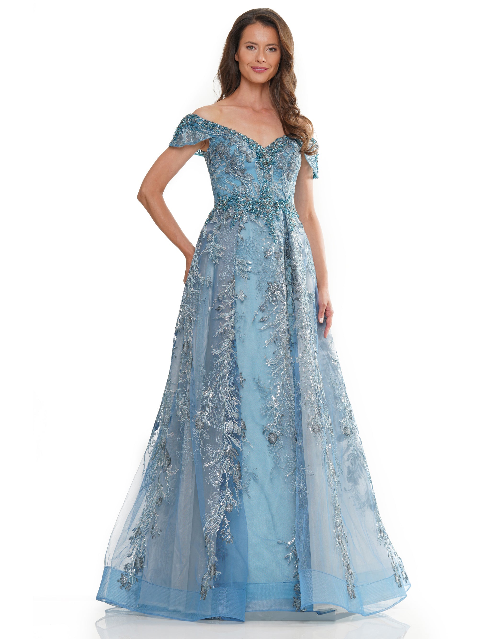 Formal Dresses Formal Off Shoulder Embroidered Tulle Dress Wedgewood