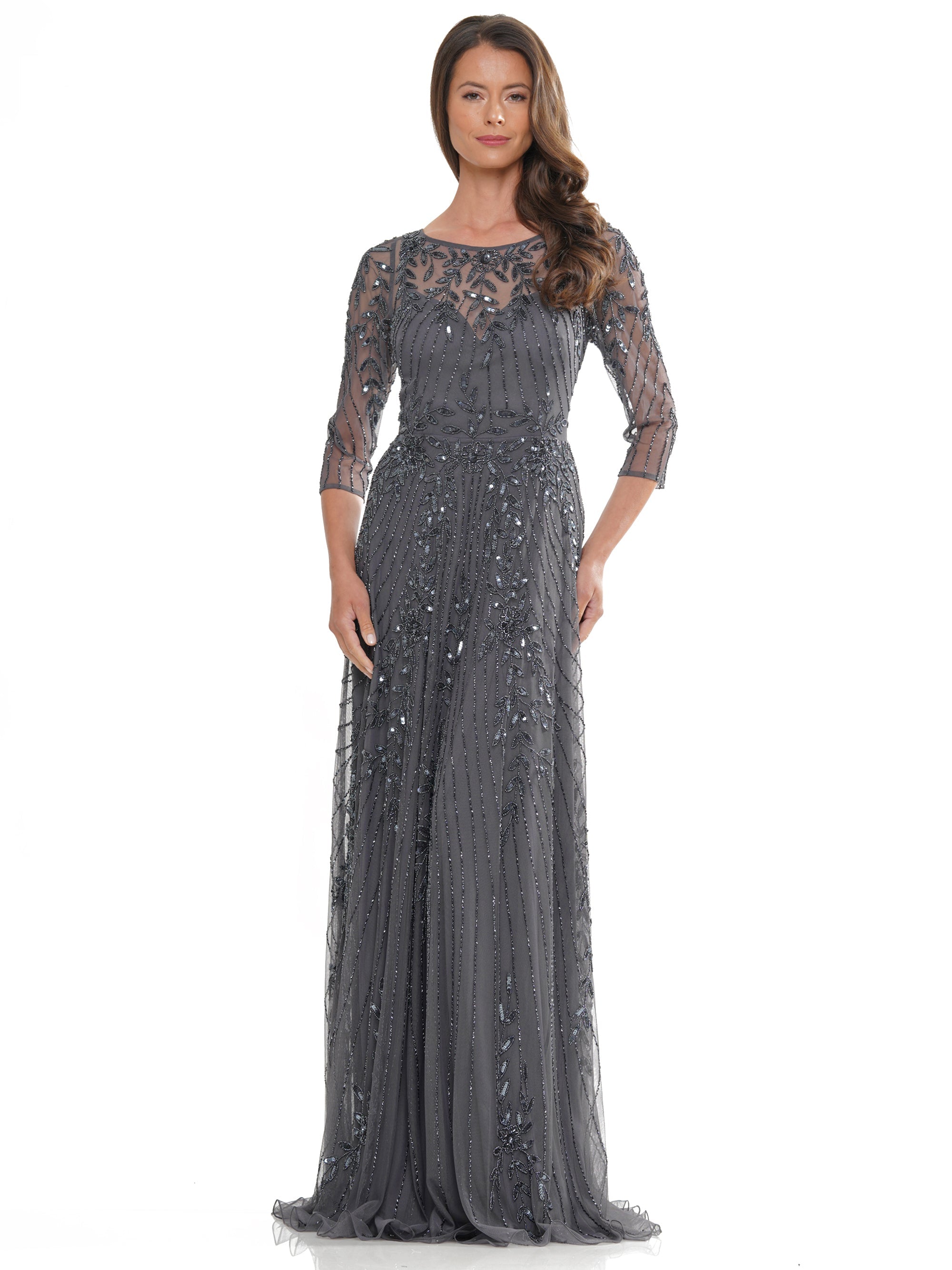Mother of the Bride Dresses Mother of the Bride Beaded Mesh Quarter Sleeve Sheath Dress Charcoal
