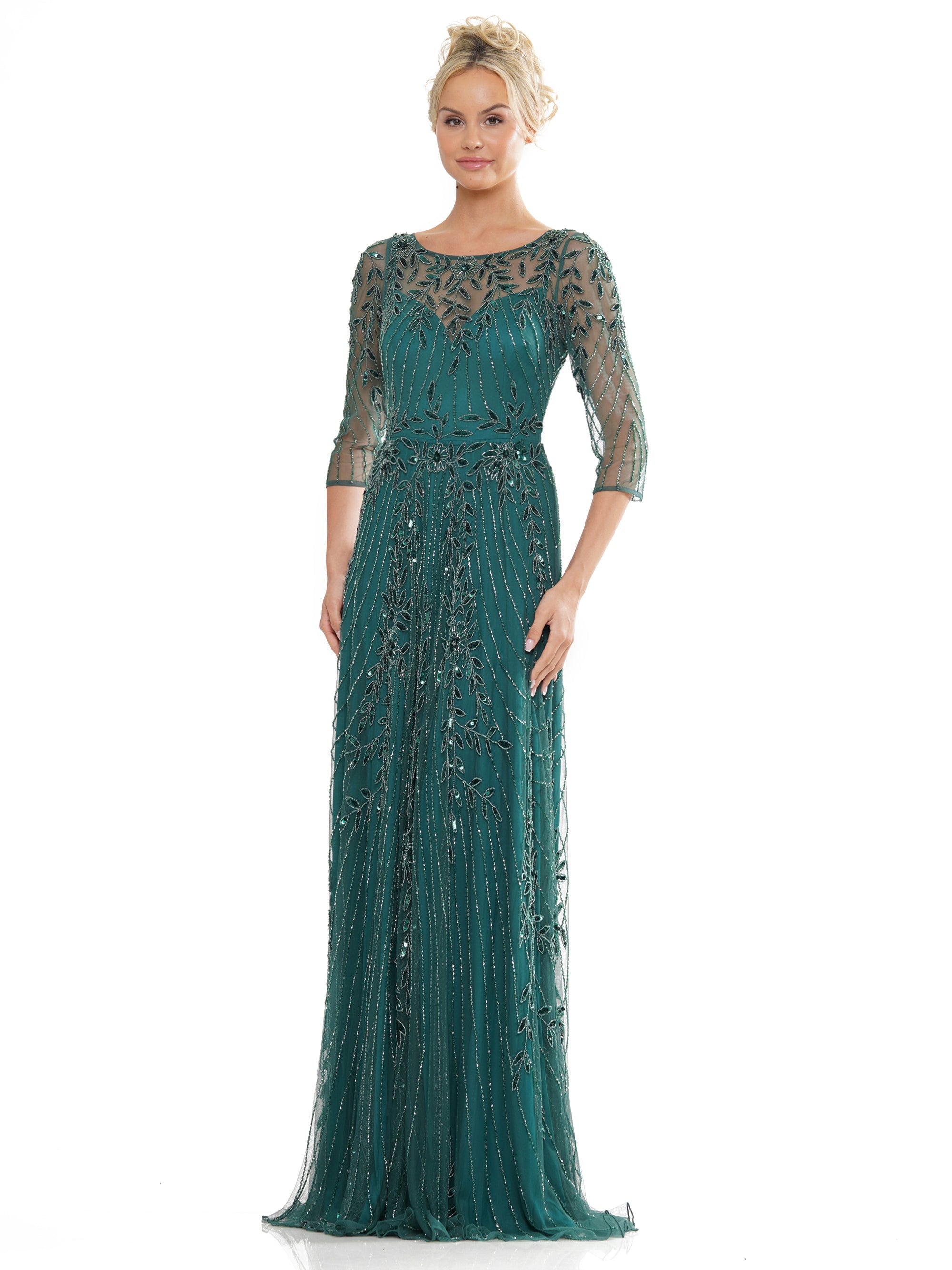 Mother of the Bride Dresses Mother of the Bride Beaded Mesh Quarter Sleeve Sheath Dress Deep Green