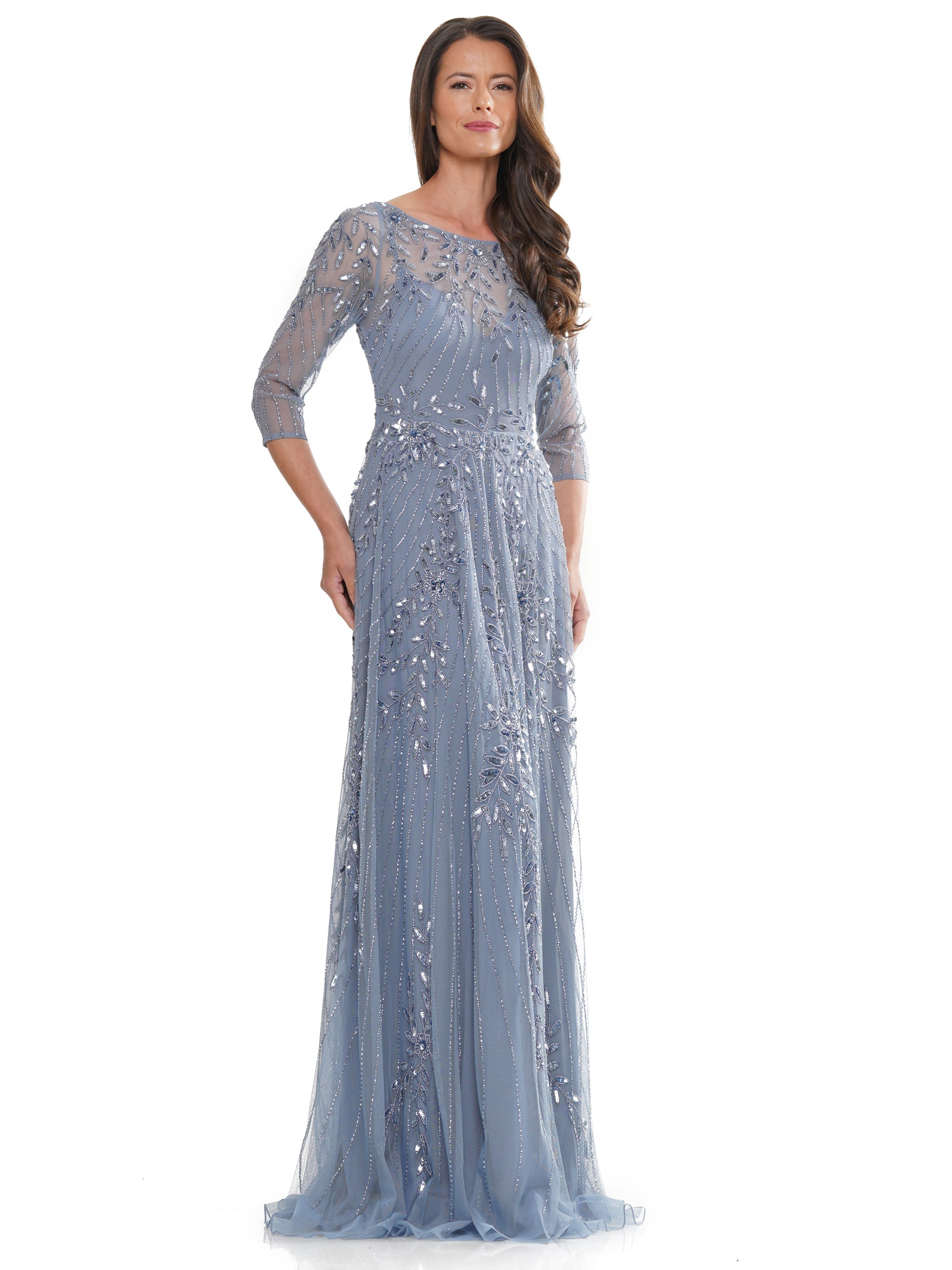 Mother of the Bride Dresses Mother of the Bride Beaded Mesh Quarter Sleeve Sheath Dress Slate Blue