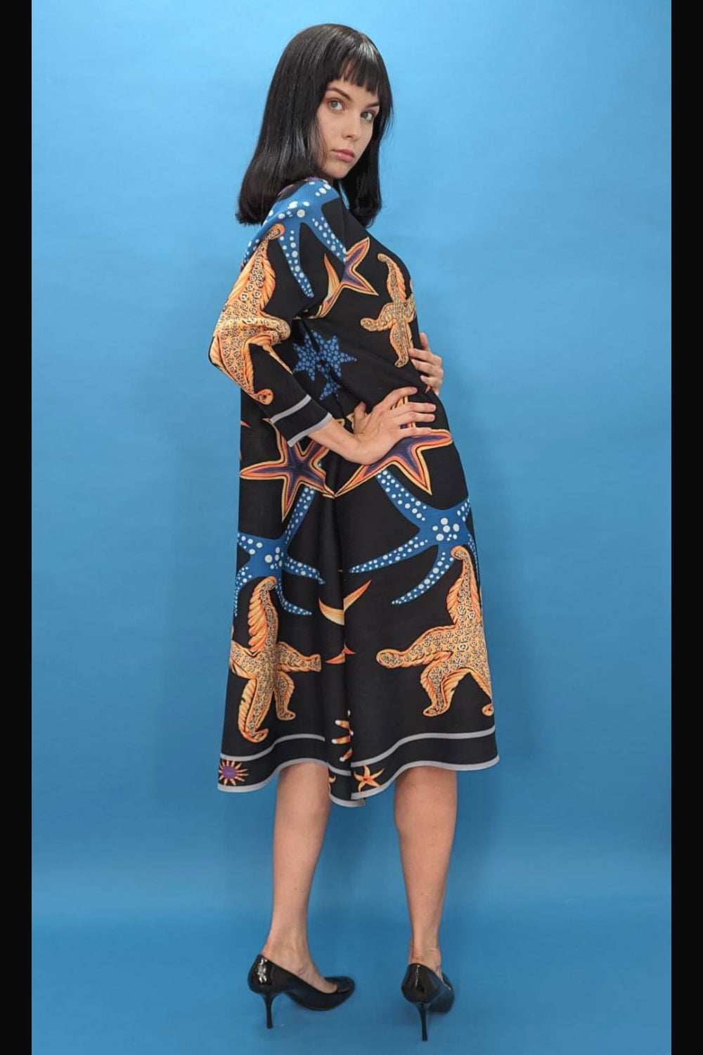 Long Sleeve Aquatic Print Midi Dress