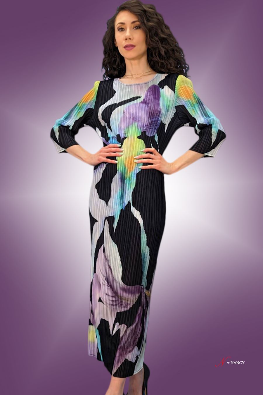 Long Sleeve Pleated Multi Colored Long Dress