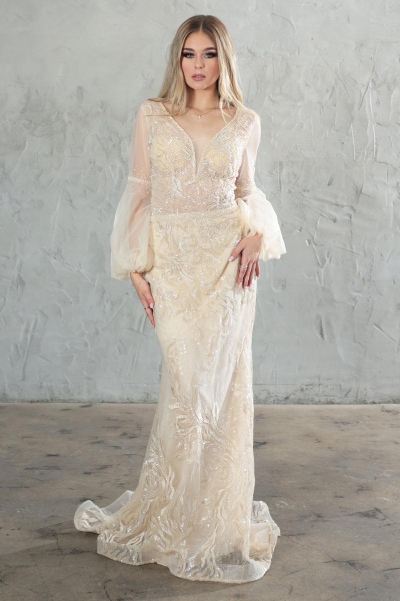 Beige High Couture NR2207 Long Sleeve Formal Fitted Evening Dress for