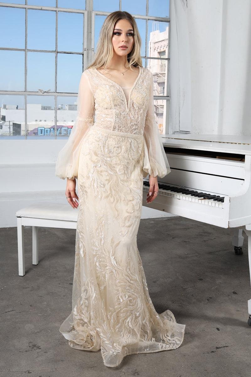 Beige High Couture NR2207 Long Sleeve Formal Fitted Evening Dress for