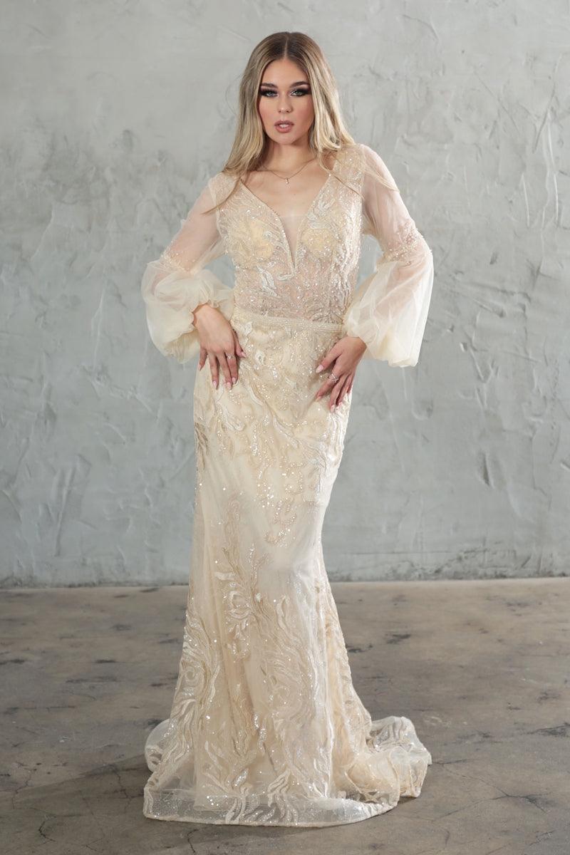 Beige High Couture NR2207 Long Sleeve Formal Fitted Evening Dress for