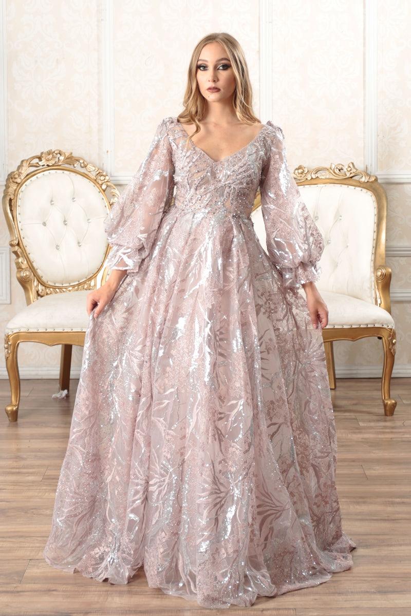 High Couture NR2225 Prom Long Puff Sleeve Glitter Ball Gown