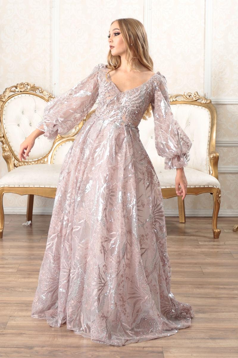 High Couture NR2225 Prom Long Puff Sleeve Glitter Ball Gown