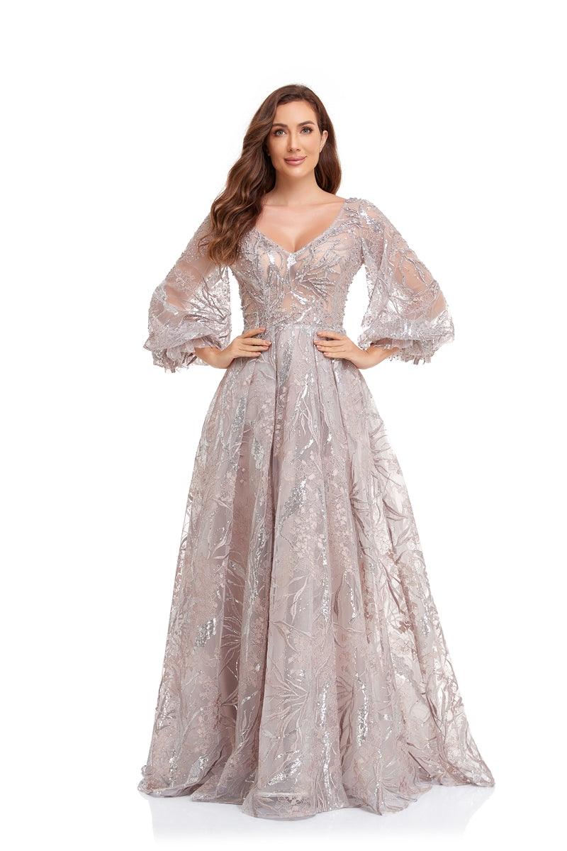 Prom Dresses Prom Long Puff Sleeve Glitter Ball Gown Dusty Rose