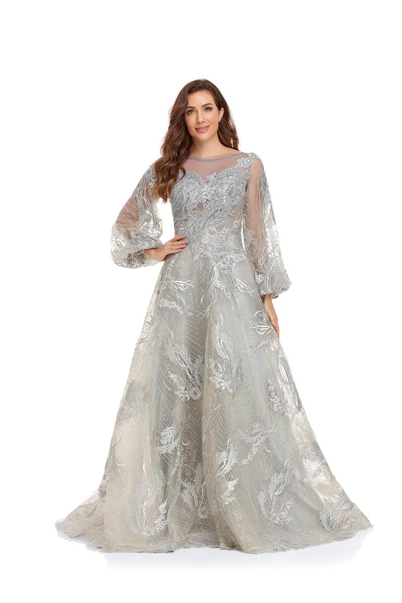 High Couture NR2226 Prom Long Sleeve Formal A Line Ball Gown - Grey / 12 High Couture NR2226 Prom Long Sleeve Formal A Line Ball Gown - Grey / 12