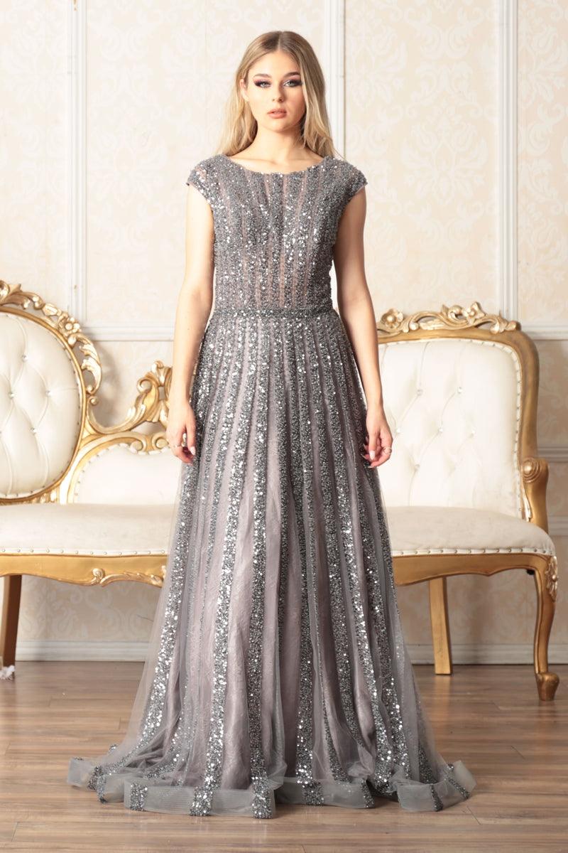 Prom Dresses Prom Long Cap Sleeve A Line Ball Gown Grey