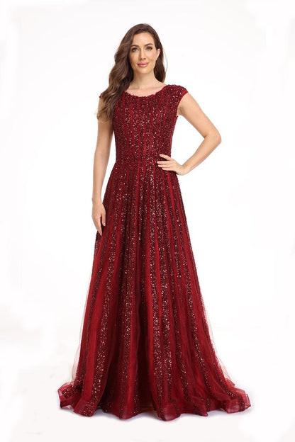 Prom Dresses Prom Long Cap Sleeve A Line Ball Gown Maroon