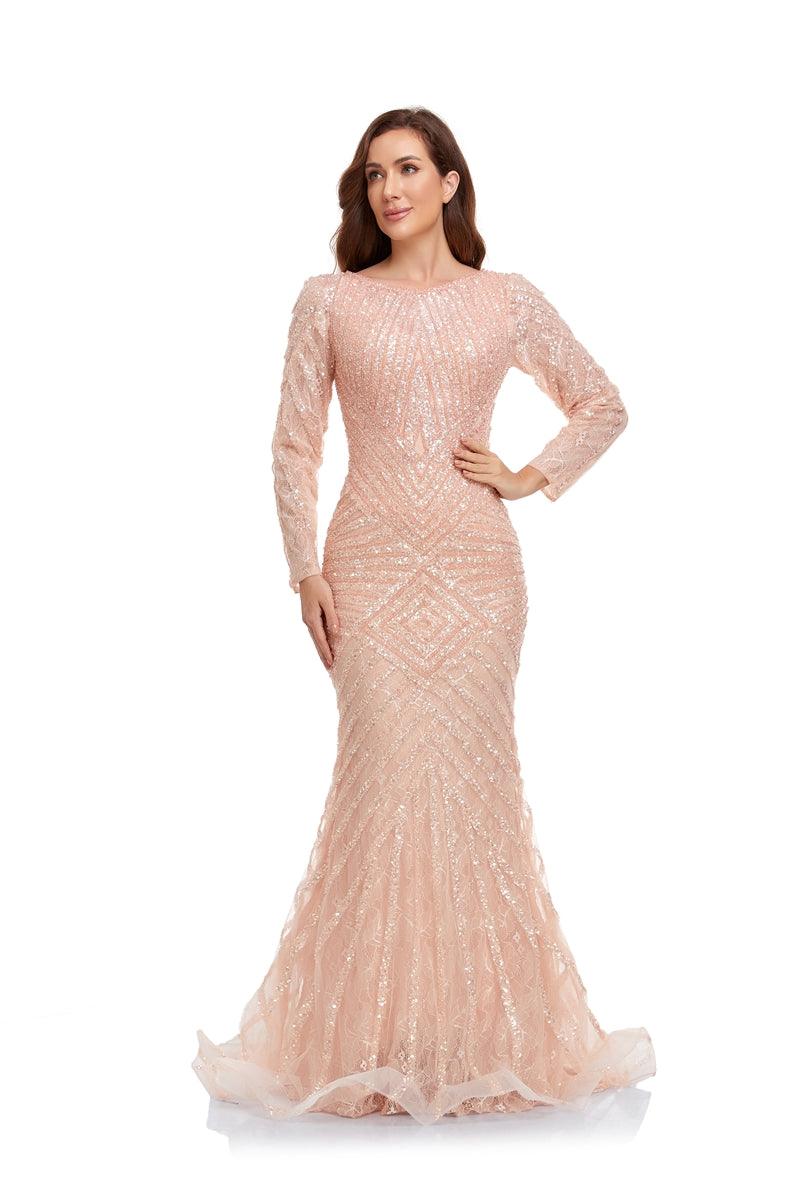 Formal Dresses Long Sleeve Beaded Formal Dress Pink