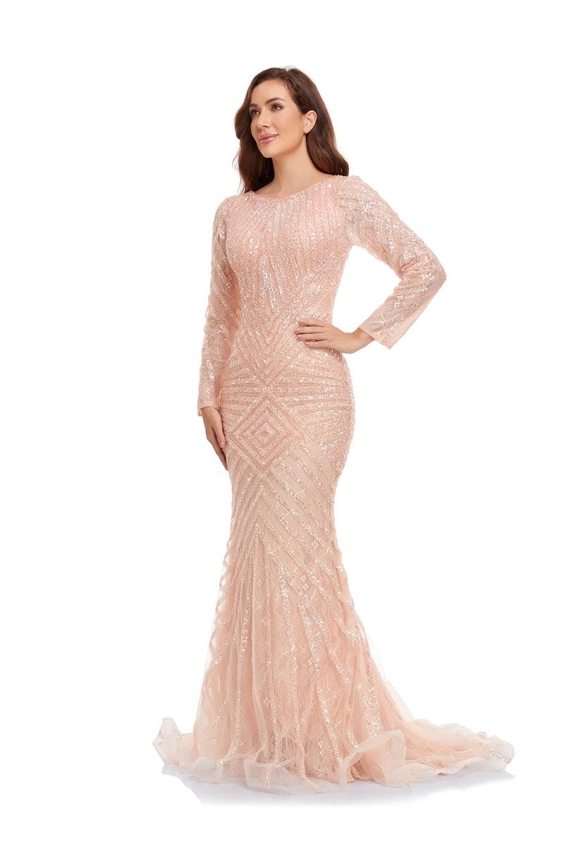 Formal Dresses Long Sleeve Beaded Formal Dress Pink