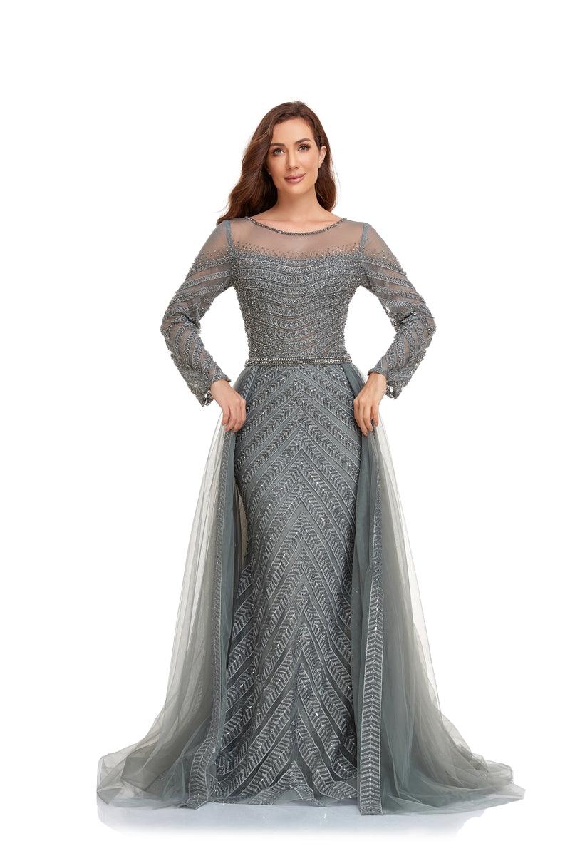 High Couture NR2230 Long Sleeve Formal Evening Dress - Grey / 10 High Couture NR2230 Long Sleeve Formal Evening Dress - Grey / 10