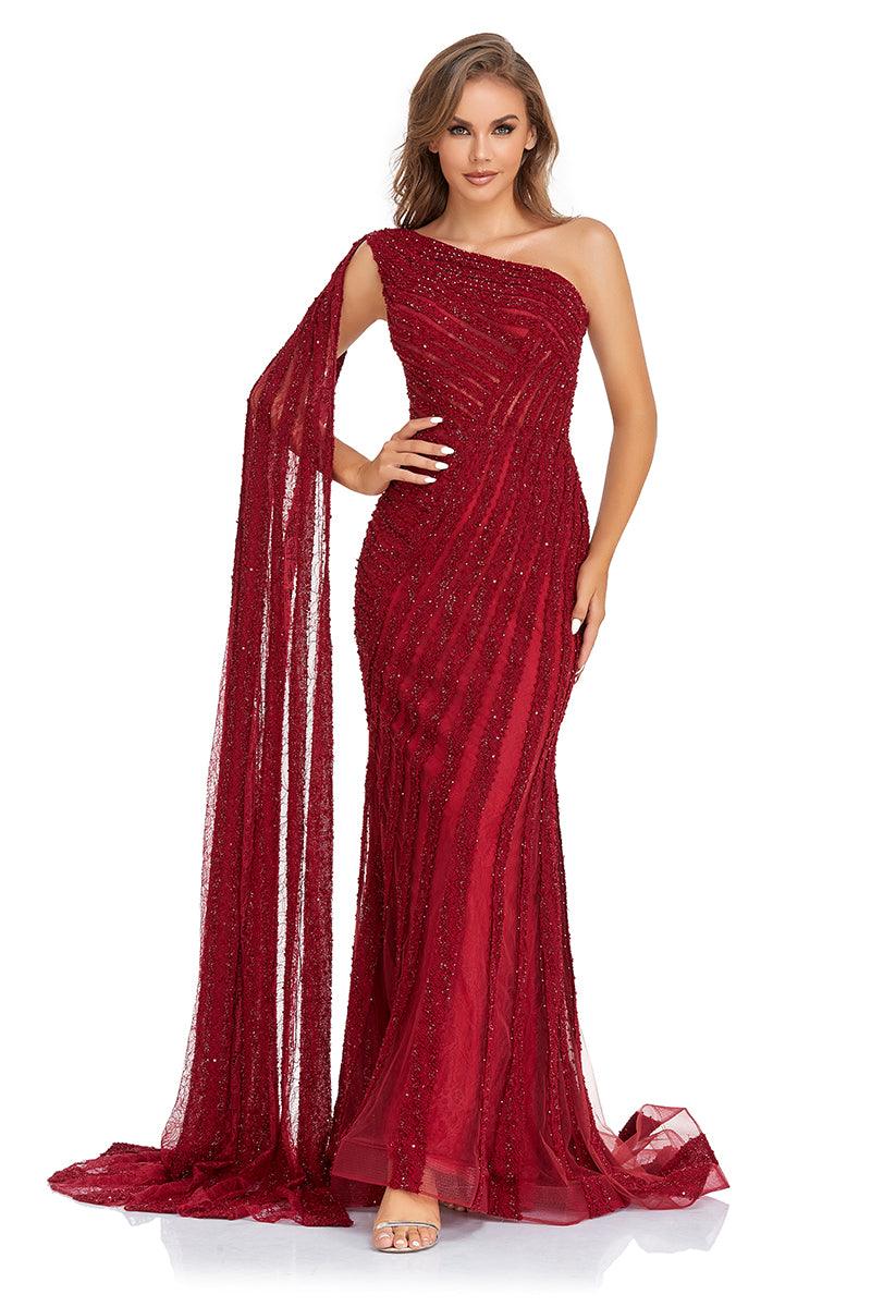 High Couture NR2238 Long One Shoulder Formal Prom Gown - Burgundy / 12 High Couture NR2238 Long One Shoulder Formal Prom Gown - Burgundy / 12