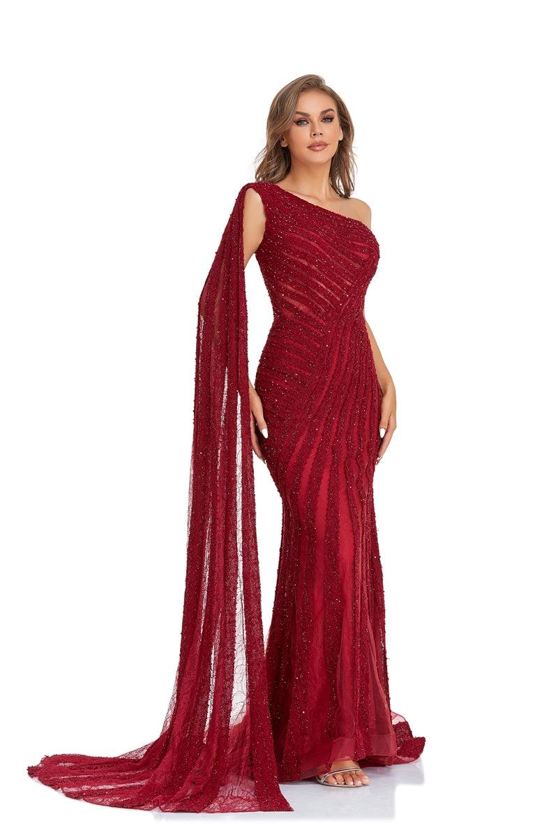 Prom Dresses Long One Shoulder Formal Prom Gown Burgundy