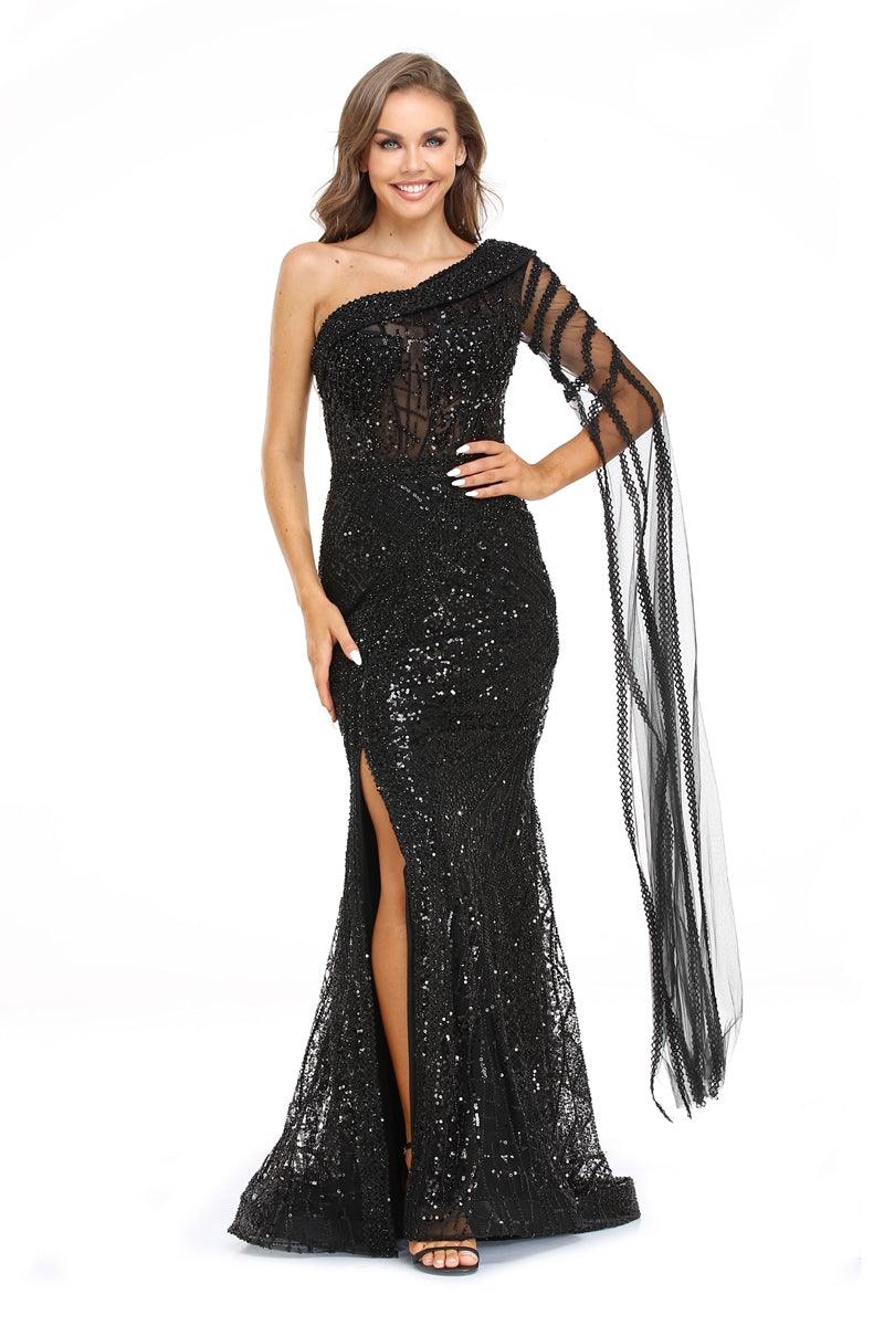 Black High Couture NR2241 Long One Shoulder Evening Prom Dress for $518
