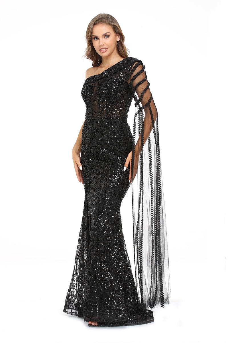 Black High Couture NR2241 Long One Shoulder Evening Prom Dress for $518