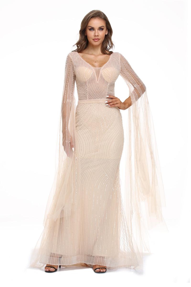 Beige High Couture NR2242 Long Sleeve Formal Evening Dress for $538.0