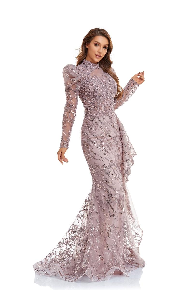 Dusty Rose High Couture NR2246 Long Sleeve Formal Prom Gown for $518.0