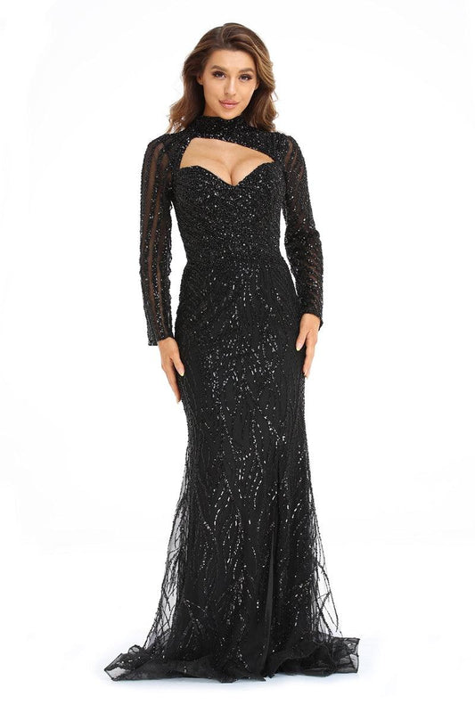 Prom Dresses Long Sleeve Formal Beaded Prom Gown Black