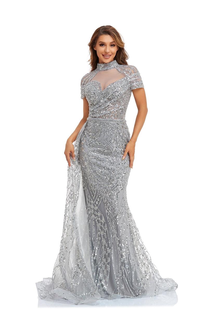 Prom Dresses Long Cap Sleeve Prom Formal Dress Grey