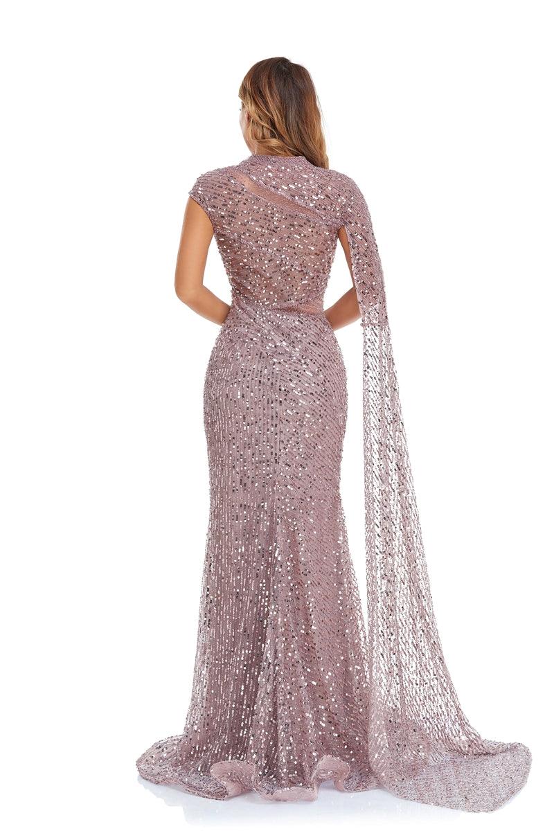 Ruffled rose gold long prom dress with pleated,DS4423