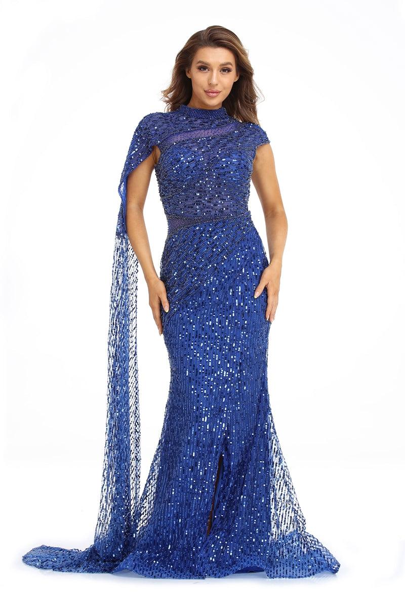High Couture NR2253 Prom Long Cap Sleeve Beaded Formal Dress