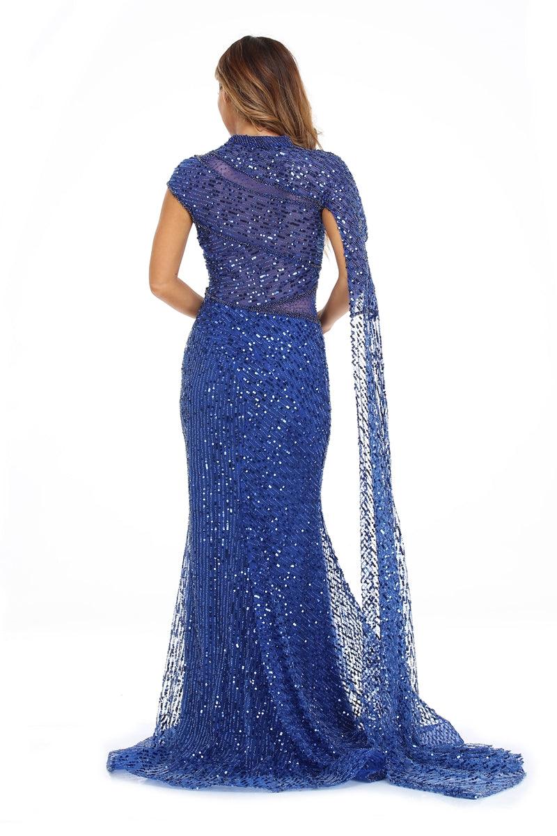 High Couture NR2253 Prom Long Cap Sleeve Beaded Formal Dress