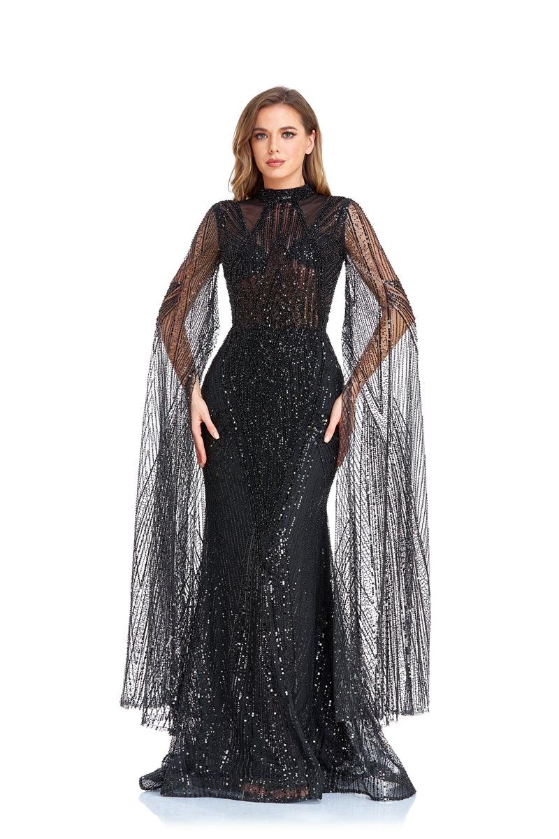 Honora | Black High-Neck Midi Dress With Cape-Sleeves