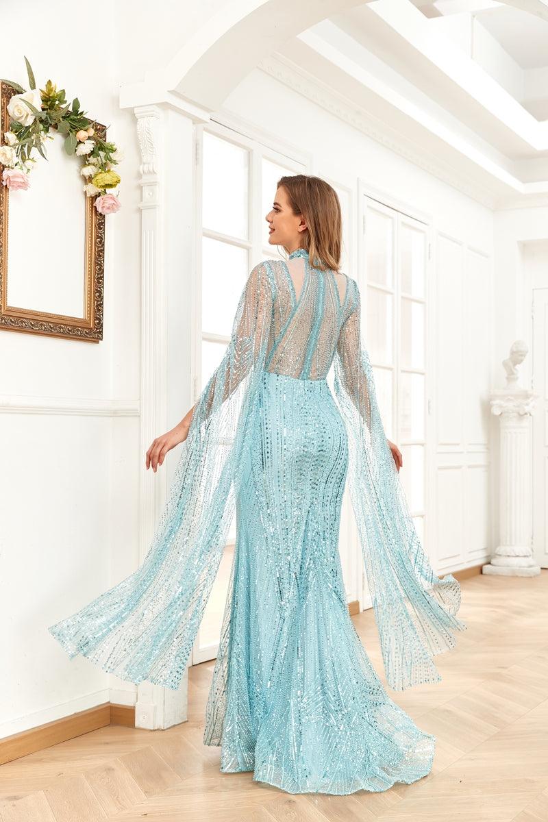 Prom Dresses Long Sleeve Formal Cape Dress Blue