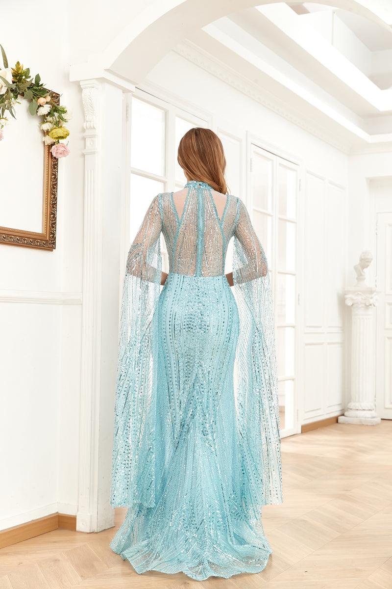 Prom Dresses Long Sleeve Formal Cape Dress Blue