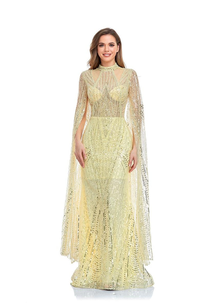 Prom Dresses Long Sleeve Formal Cape Dress Yellow