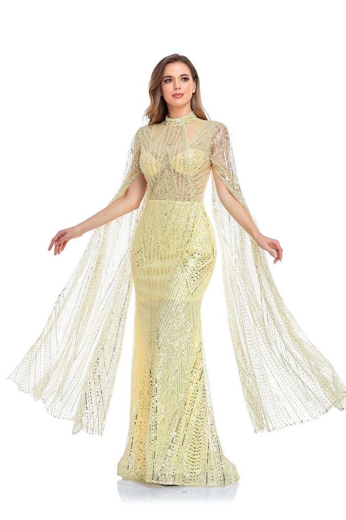 Prom Dresses Long Sleeve Formal Cape Dress Yellow