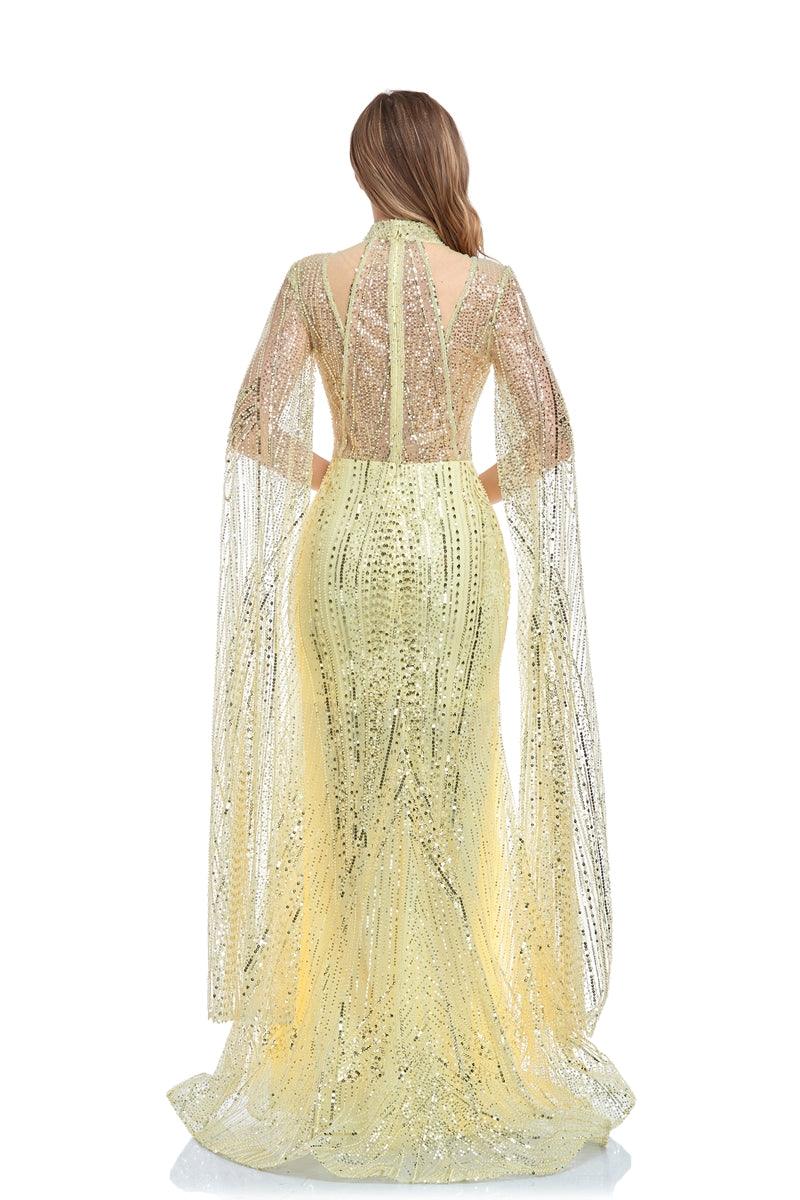 Prom Dresses Long Sleeve Formal Cape Dress Yellow