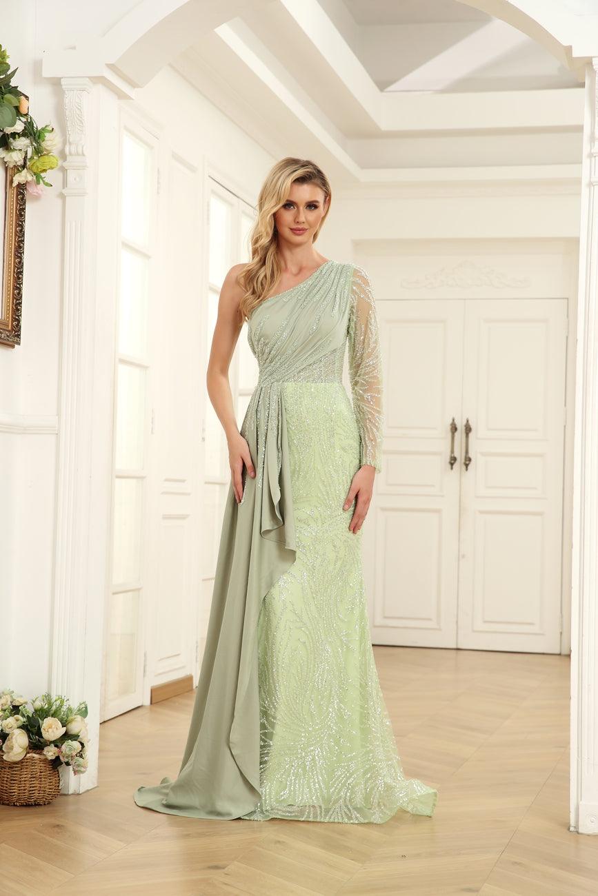 High Couture NR2264 Prom Long One Shoulder Formal Dress - Lime / 10 High Couture NR2264 Prom Long One Shoulder Formal Dress - Lime / 10