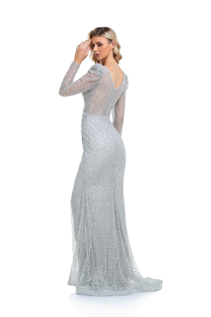slim fit dress slacks Long Sleeve Long Silver Lace Formal Dress