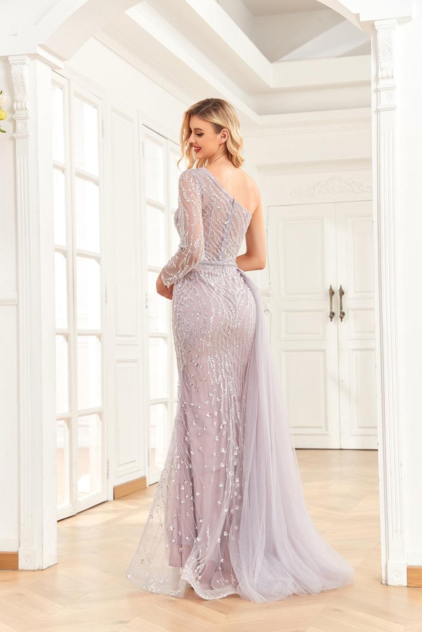 Prom Dresses Long One Shoulder Formal Beaded Prom Dress Dusty Rose