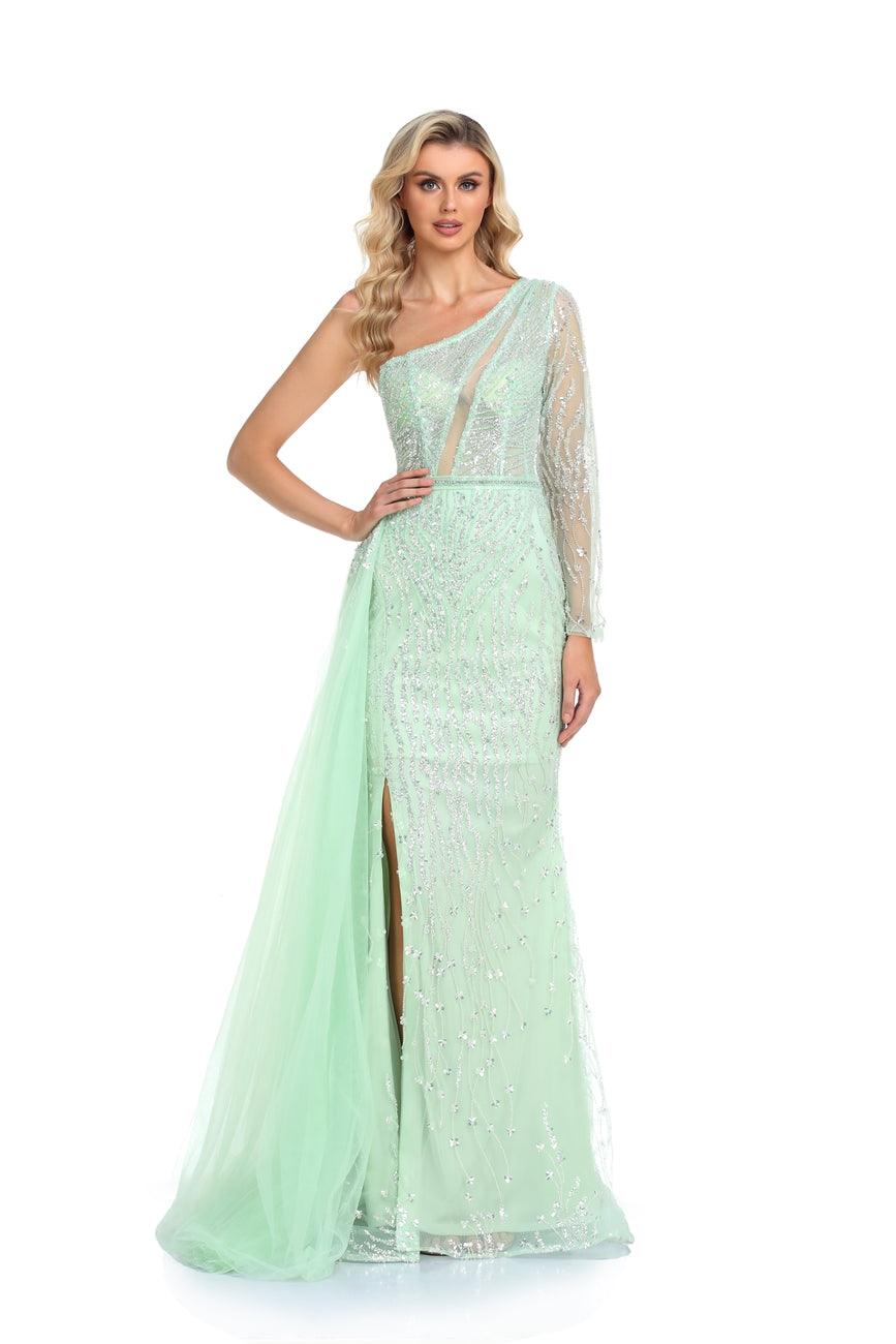 Prom Dresses Long One Shoulder Formal Beaded Prom Dress Mint