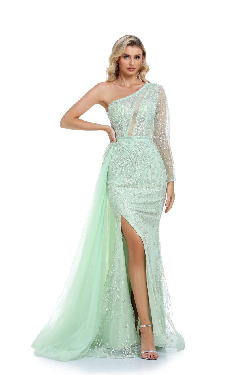 Prom Dresses Long One Shoulder Formal Beaded Prom Dress Mint