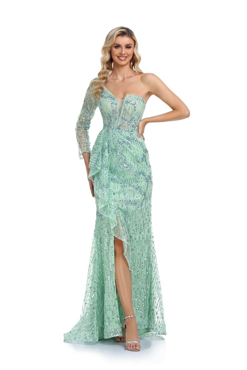High Couture NR2268 Prom Long One Shoulder Formal Dress - Mint / 12 High Couture NR2268 Prom Long One Shoulder Formal Dress - Mint / 12
