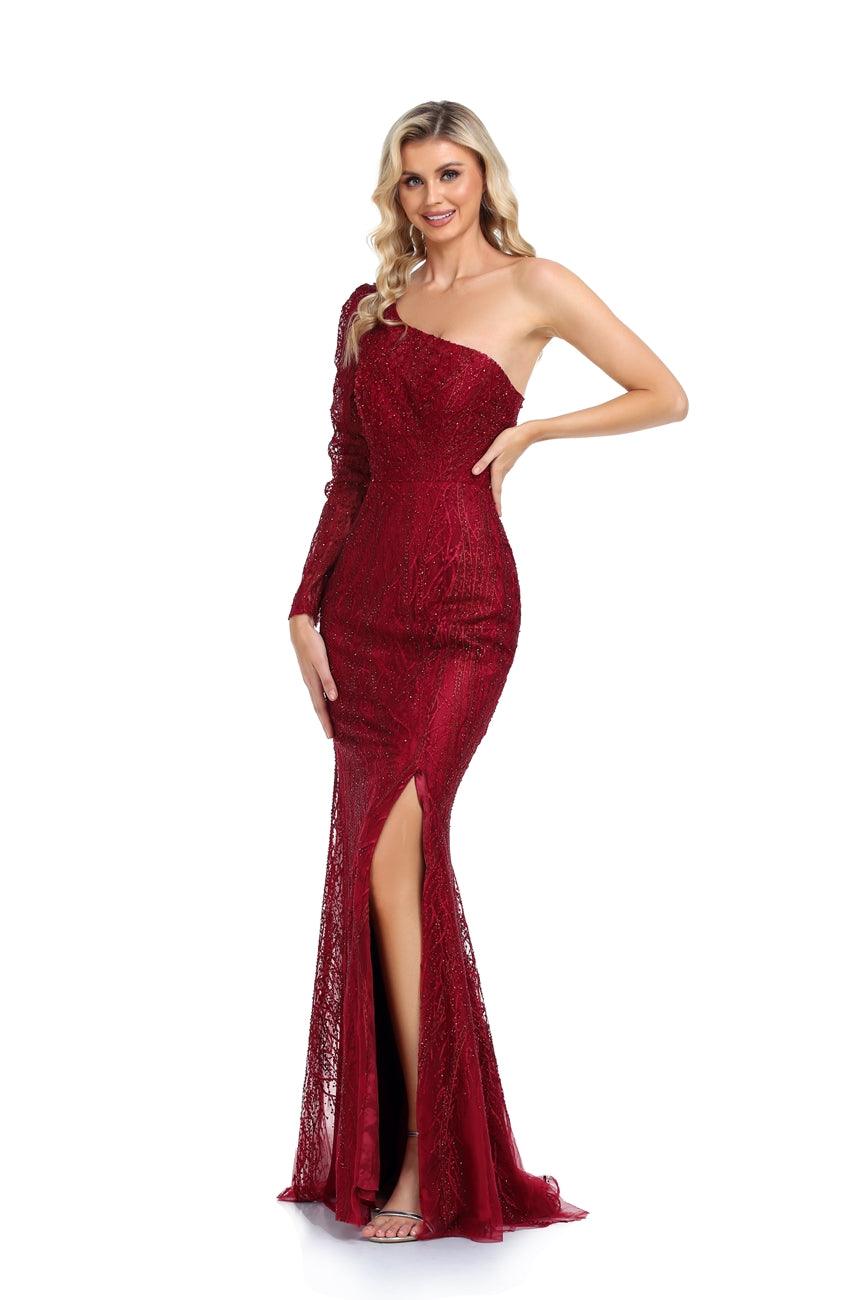High Couture NR2272 Long One Shoulder Formal Prom Dress - Wine / 8 High Couture NR2272 Long One Shoulder Formal Prom Dress - Wine / 8
